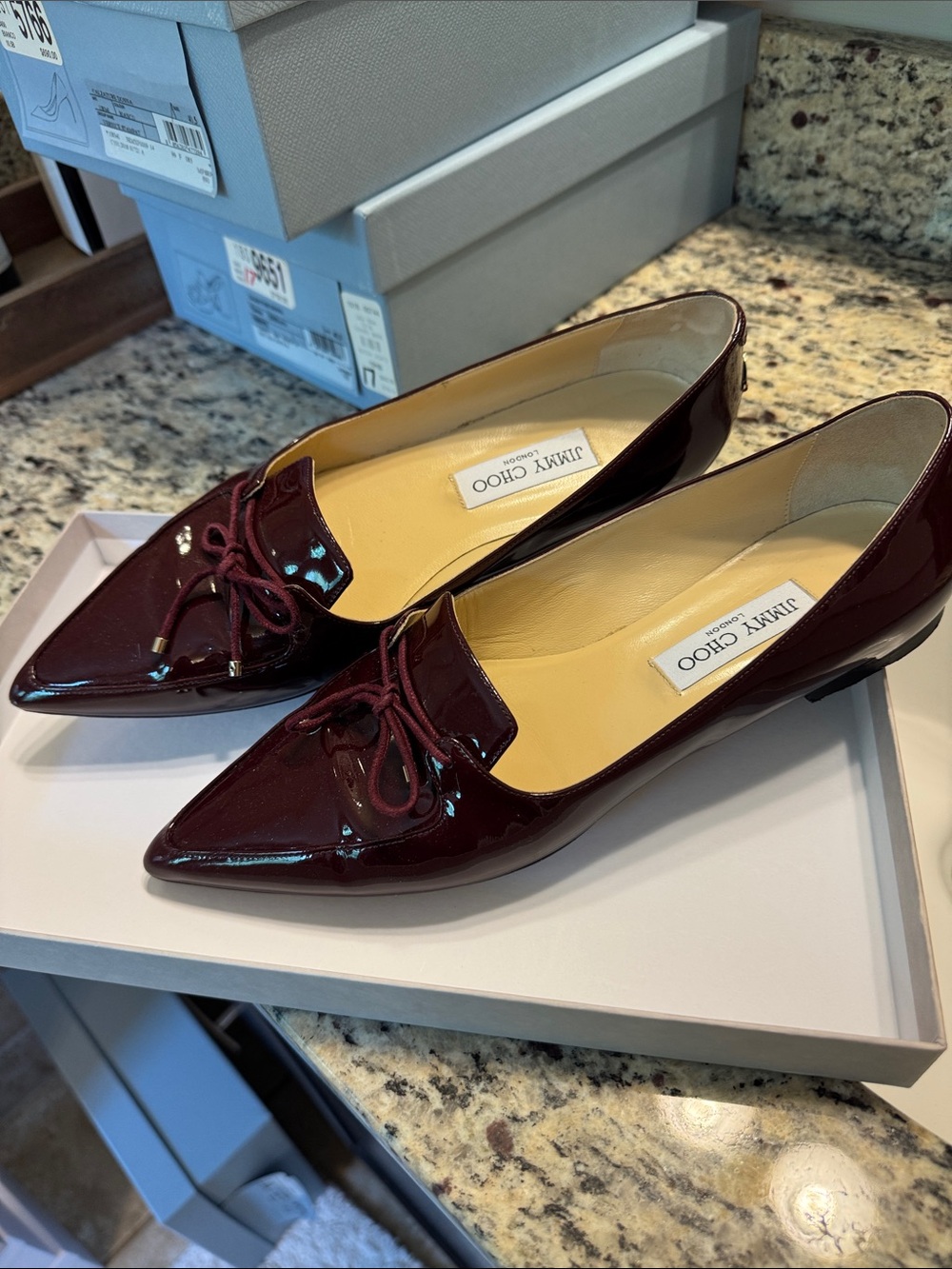 Jimmy Choo Patent Pointed Tie Loafers in Deep Burgundy 40.5